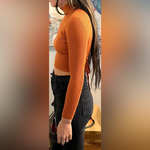 ZARA Sexy Orange Open Cut Out Back Lattice Long Sleeve Turtleneck Ribbed Sweater - Picture 3 of 14